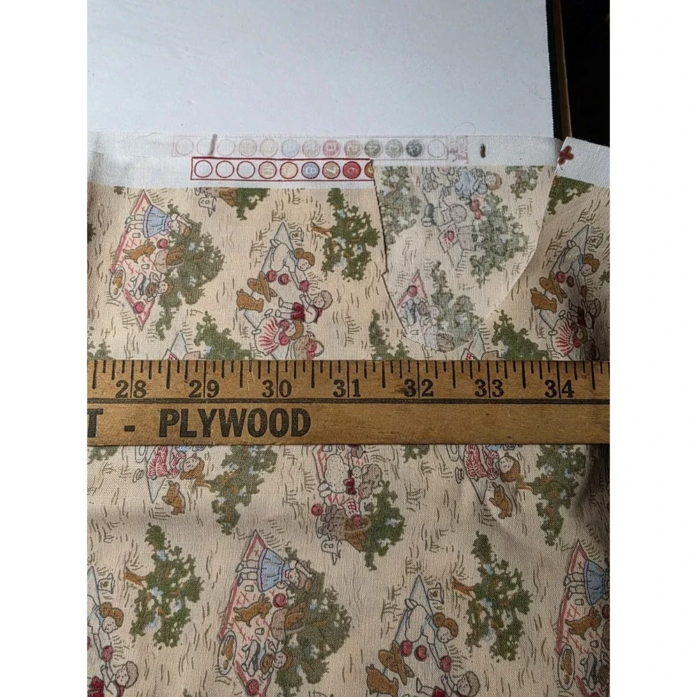WHIMSICAL RETRO CHILDREN PICNICING COTTON FABRIC  3/4 YD.  F17